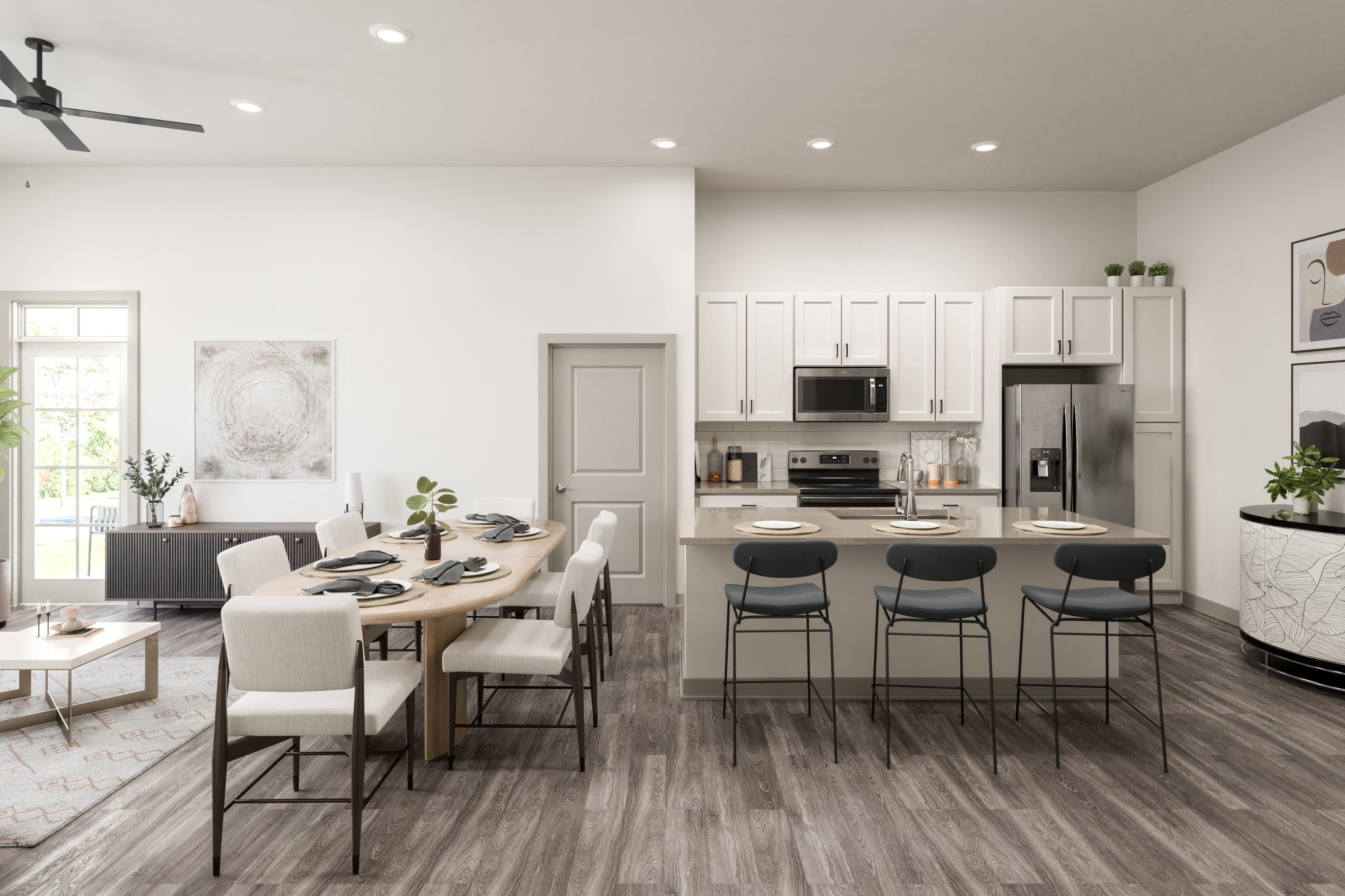 a rendering of a kitchen and dining room with a large table and chairs